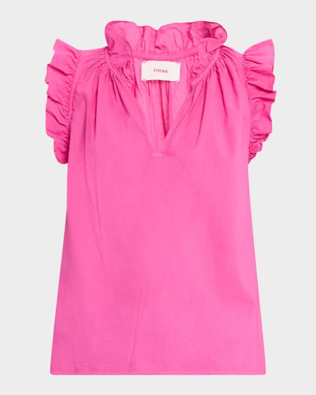 Bex Ruffle-Trim Split-Neck Top